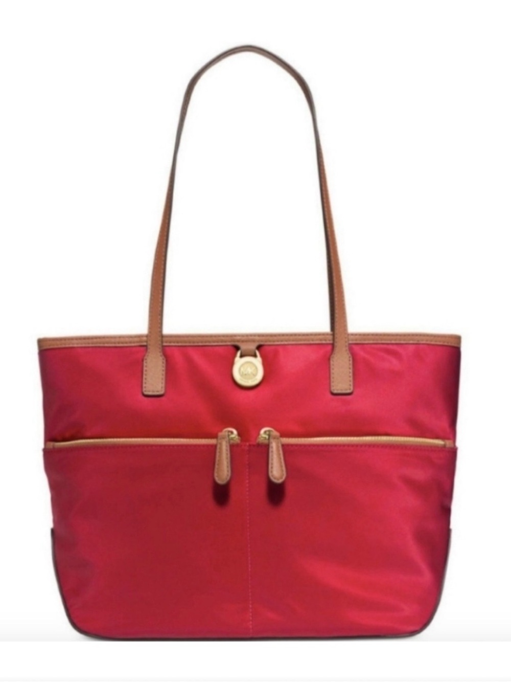Michael Kors Kempton Red Nylon Tote Bag Brown Crossgrain Leather Purse